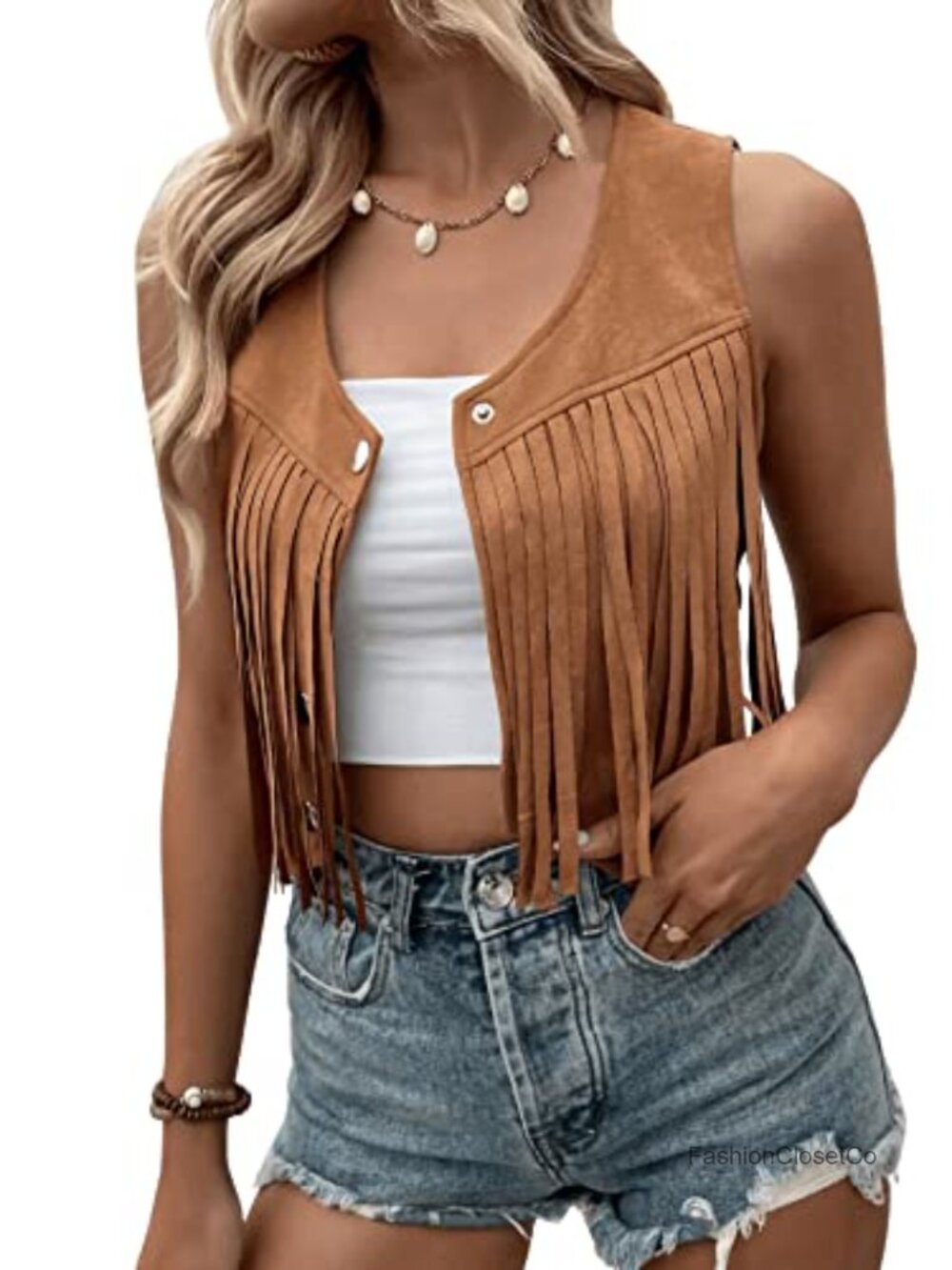 SweatyRocks Women's Suede Fringe Sleeveless Crop Vest Jacket Cowgirl Outfit